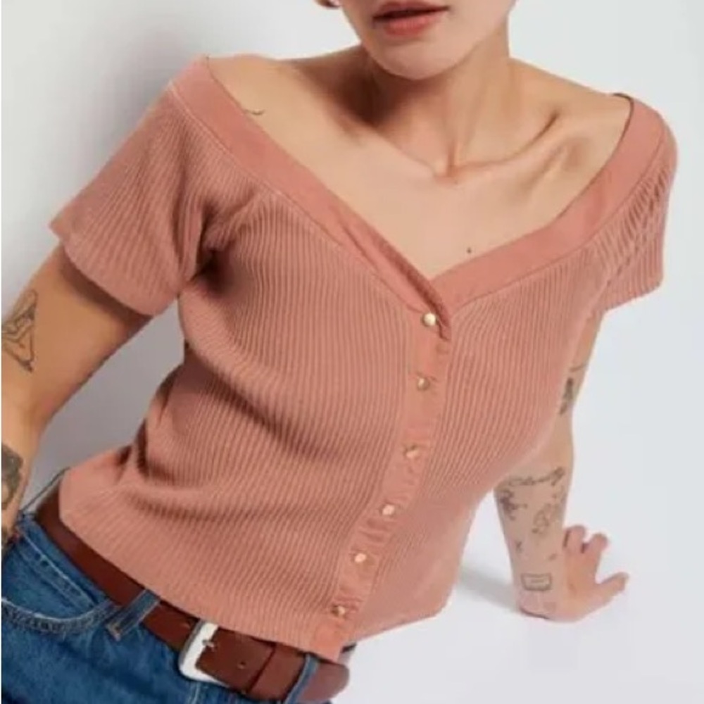 Nation LTD Blush Ribbed Off-Shoulder Top